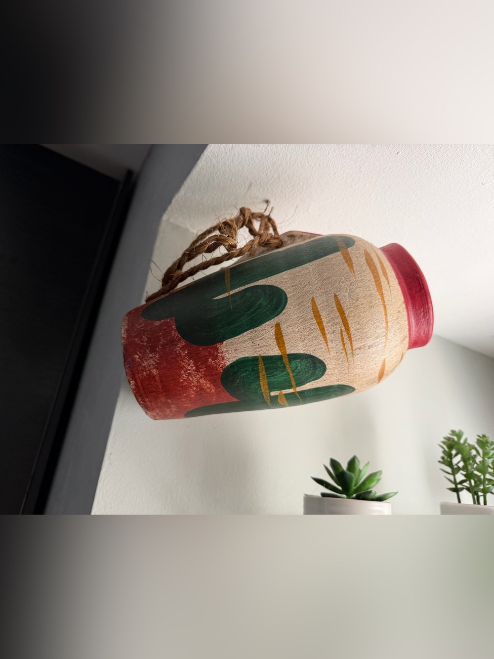 Hand-Paint Hanging Ceramic Vase Mexican folk art terracott clay jug cactus decor